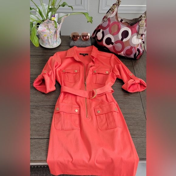 Sharagano Dresses & Skirts - Sharagano Women's Belted Causal Shirt Dress with Front Pockets Orange Size 8